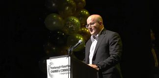 Matt Strano, CEO of Peterborough-based cleaning products company Charlotte Products Ltd., speaks after being named Business Citizen of the Year at the Peterborough and the Kawarthas Chamber of Commerce's 19th annual Business Excellence Awards at Showplace Performance Centre in downtown Peterborough on October 19, 2022. (kawarthaNOW screenshot)