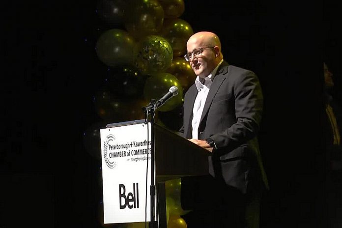 Matt Strano, CEO of Peterborough-based cleaning products company Charlotte Products Ltd., speaks after being named Business Citizen of the Year at the Peterborough and the Kawarthas Chamber of Commerce's 19th annual Business Excellence Awards at Showplace Performance Centre in downtown Peterborough on October 19, 2022. (kawarthaNOW screenshot)