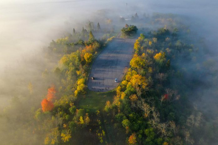 The top of Ashburnham Memorial Park, known as Armour Hill to Peterborough residents, shrouded in fog. The Ashburnham Memorial Stewardship Group was founded in June 2021 to advocate for positive changes to the park, which was donated to the City of Peterborough in 1937 to serve in perpetuity as a war memorial. The group is hosting a fall clean-up event on November 5, 2022. (Photo courtesy of Ashburnham Memorial Stewardship Group)