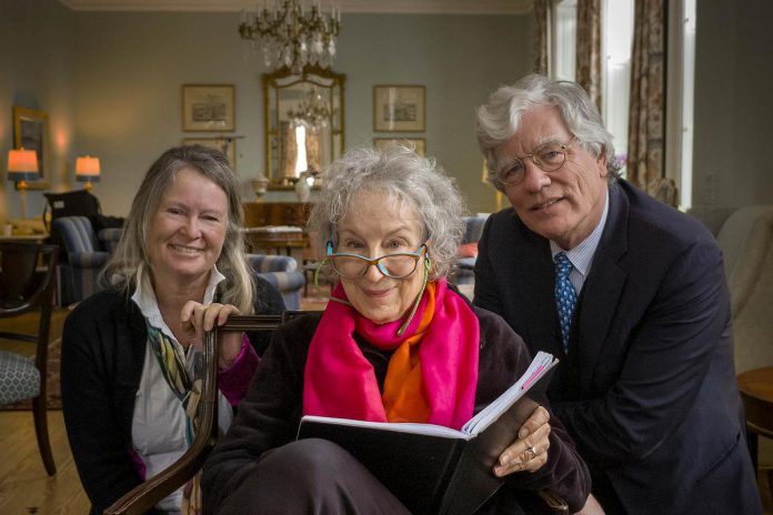 Author and poet Margaret Atwood with directors and producers Nancy Lang and Peter Raymont during the filming of "Margaret Atwood: A Word after a Word after a Word is Power" at the York Club in Toronto on January 30, 2019. (Photo: Peter Bregg)