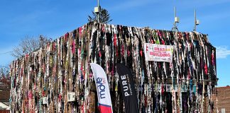 Held during October 2022, the 12th annual Pure Country 105 and MOVE 99.7 "Bras Around the Building" campaign, in conjunction with Merrett Home Hardware Building Centre, has collected 3,472 bras and raised $12,603 for breast cancer research. (Photo courtesy of Pure Country 105 and MOVE 99.7)