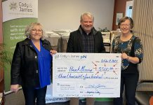 Suzanne Cody (left) and Gwyneth James (right), senior partners at Cody & James Chartered Professional Accountants in Peterborough, presented a $3,500 cheque to Brock Mission executive director Bill McNabb on October 20, 2022. (Photo courtesy of Cody & James CPA )