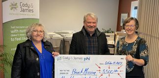 Suzanne Cody (left) and Gwyneth James (right), senior partners at Cody & James Chartered Professional Accountants in Peterborough, presented a $3,500 cheque to Brock Mission executive director Bill McNabb on October 20, 2022. (Photo courtesy of Cody & James CPA )