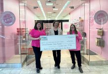 Couture Candy PTBO owner Lisa Couture (right) presents a $16,700 cheque to Peterborough Regional Health Centre Foundation staff Meghan Moloney (left) and Valerie Gagnon at Lansdowne Place Mall, representing the proceeds of Couture Candy PTBO's "Supporting Cancer is Sweet" fundraiser in support of cancer care at Peterborough Regional Health Centre. (Photo courtesy of PRHC Foundation)