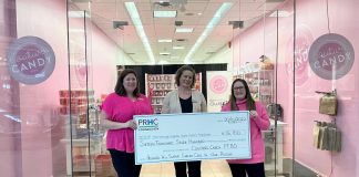 Couture Candy PTBO owner Lisa Couture (right) presents a $16,700 cheque to Peterborough Regional Health Centre Foundation staff Meghan Moloney (left) and Valerie Gagnon at Lansdowne Place Mall, representing the proceeds of Couture Candy PTBO's "Supporting Cancer is Sweet" fundraiser in support of cancer care at Peterborough Regional Health Centre. (Photo courtesy of PRHC Foundation)