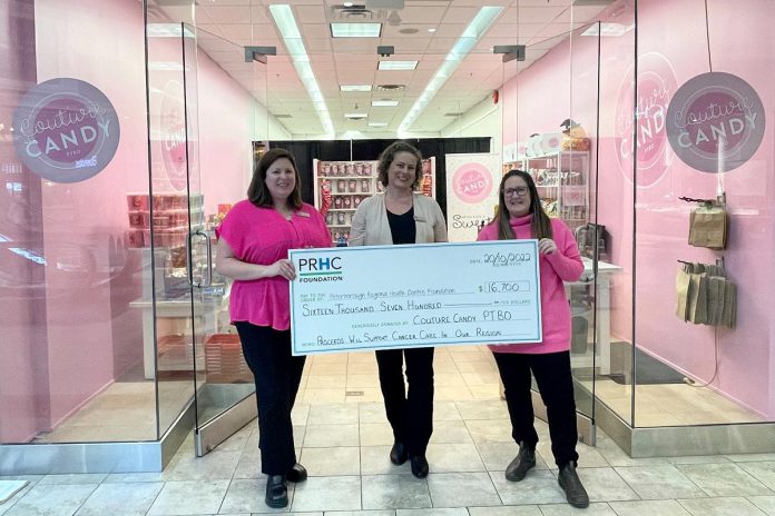 Couture Candy PTBO owner Lisa Couture (right) presents a $16,700 cheque to Peterborough Regional Health Centre Foundation staff Meghan Moloney (left) and Valerie Gagnon at Lansdowne Place Mall, representing the proceeds of Couture Candy PTBO's "Supporting Cancer is Sweet" fundraiser in support of cancer care at Peterborough Regional Health Centre. (Photo courtesy of PRHC Foundation)