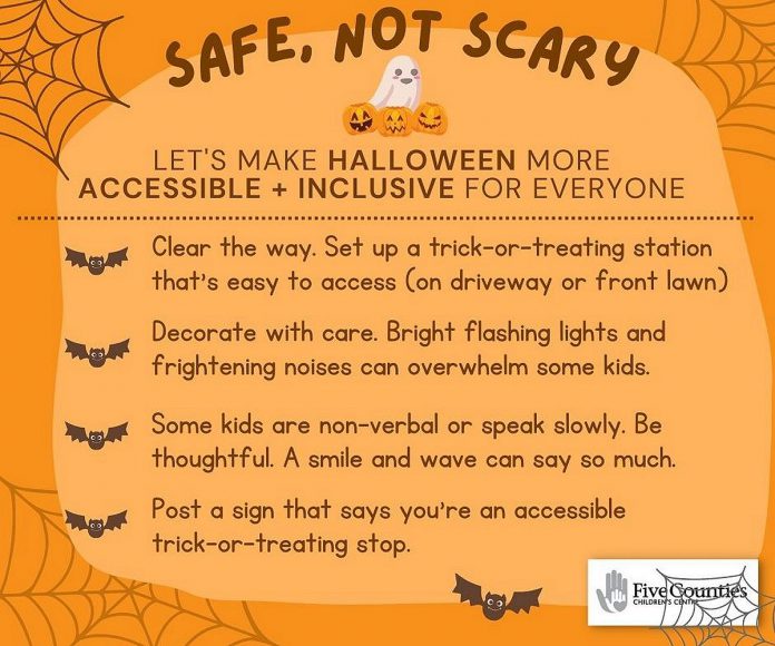 Suggestions on how to make Halloween more accessible and inclusive for everyone. (Graphic courtesy of Five Counties Children's Centre)