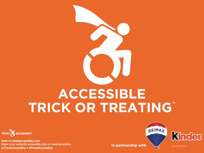 Free accessible trick-or-treating signs for your home are available from local participating RE/MAX offices or agents or you can print your own by visiting the Treat Accessibly website, which suggests displaying the sign at least a week before Halloween to give families and caregivers plenty of time to plan their trick-or-treating route. (Graphic courtesy of Treat Accessibly)