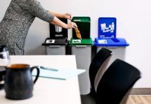 An example of a commercial waste system designed to maximize waste diversion. Colour-coded bins, restrictive openings, bins placed close together, and clear signage are all identified as key opportunities to increase stream separation, resulting in less material headed to landfill. (Photo courtesy of Busch Systems)