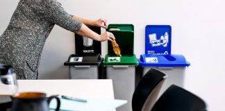 An example of a commercial waste system designed to maximize waste diversion. Colour-coded bins, restrictive openings, bins placed close together, and clear signage are all identified as key opportunities to increase stream separation, resulting in less material headed to landfill. (Photo courtesy of Busch Systems)