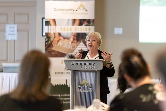 Gail Moorhouse, Executive Director of Community Futures Peterborough, speaking at the organization's 2022 Annual General Meeting. Community Futures Peterborough provides funding and support to help local businesses grow.  (Photo courtesy of Community Futures Peterborough) 