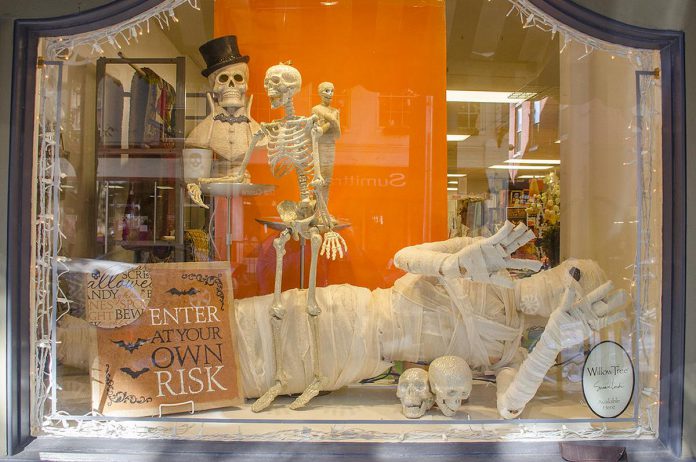 Starting October 21, downtown Peterborough businesses will be spookifying their window displays with the theme of fairy tales and folklore leading up to the Peterborough Downtown Business Improvement Area (DBIA)'s inaugural 'Halloween in the Booooro' event on October 29, 2022. Along with family-friendly activites including trick or treating, late-night shopping, and a scavenger hunt, there will be a free zombie escape game for adults in Peterborough Square. (Photo: Peterborough DBIA)