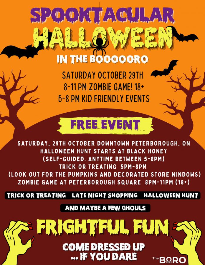 The Peterborough Downtown Business Improvement Area (DBIA)'s inaugural 'Halloween in the Booooro' event on October 29, 2022 includes kid-friendly activities and an adults-only zombie escape game.  (Graphic: Peterborough DBIA)