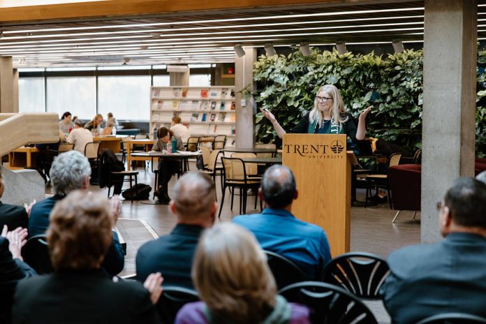 Joyce Family Foundation executive director Maureen O'Neill speaks at the announcement of the $2.5 million Joyce Family Foundation Bursary Endowment Fund at Trent University on October 14, 2022.  (Photo courtesy of Trent University)