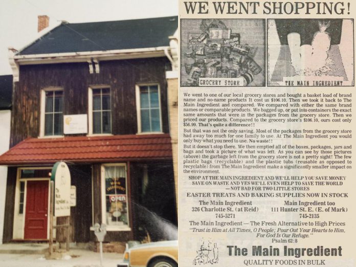 The Main Ingredient's original store at 326 Charlotte Street in Peterborough, along with a newspaper advertisement promoting financial savings and less waste from purchasing bulk food compared to similar products at the grocery store.  (Photos: The Main Ingredient / Facebook)