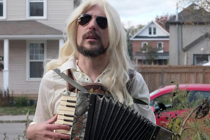 Peterborough's Matt Snell in "Schnitzelback", his award-winning short parody film about a man who has created a tribute polka band to celebrate his love of rock group Nickelback. Snell made the film in Peterborough in 2020 with help from a group of friends who call themselves Cathedral Hill Productions. (Screenshot courtesy of Matt Snell)