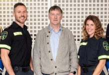 Heart attack survivor Michael Tarrington (middle) with Matt Rollwagen and Marcelle Read of Northumberland Paramedics, who resuscitated Michael en route to hospital after he suffered a heart attack. Not pictured but part of the crew who responded to the emergency are Central Ambulance Communications Centre dispatchers Christopher Roscoe and Shelley Harrison. (Photo courtesy of Northumberland County)