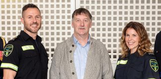 Heart attack survivor Michael Tarrington (middle) with Matt Rollwagen and Marcelle Read of Northumberland Paramedics, who resuscitated Michael en route to hospital after he suffered a heart attack. Not pictured but part of the crew who responded to the emergency are Central Ambulance Communications Centre dispatchers Christopher Roscoe and Shelley Harrison. (Photo courtesy of Northumberland County)