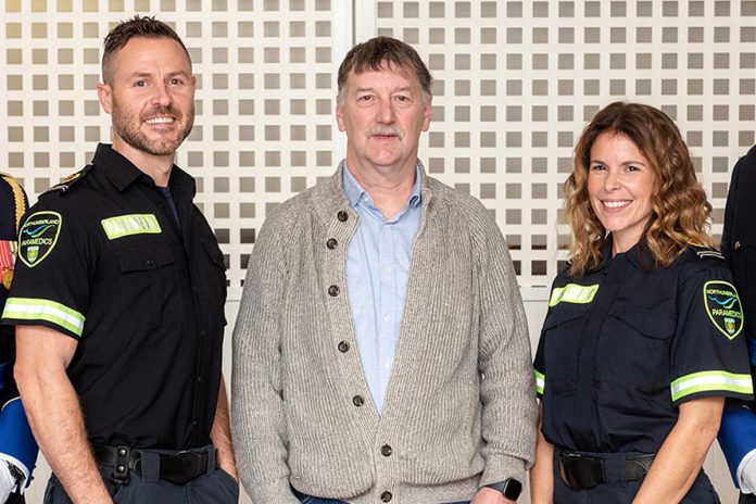 Heart attack survivor Michael Tarrington (middle) with Matt Rollwagen and Marcelle Read of Northumberland Paramedics, who resuscitated Michael en route to hospital after he suffered a heart attack. Not pictured but part of the crew who responded to the emergency are Central Ambulance Communications Centre dispatchers Christopher Roscoe and Shelley Harrison. (Photo courtesy of Northumberland County)