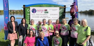 On October 4, 2022, volunteers from the Survivors Abreast Dragon Boat Team and the Peterborough's Dragon Boat Festival organizing committee presented the Peterborough Regional Health Centre Foundation with a cheque for $202,268.41. Pictured among the volunteers are PRHC Foundation president and CEO Lesley Heighway and festival platinum sponsor Kawartha Credit Union's president and CEO Norah McCarthy (back row, left) and festival chair and Survivors Abreast member Michelle Thornton and top fundraiser Rhonda Barnet (kneeling, left). (Photo courtesy of Peterborough's Dragon Boat Festival)