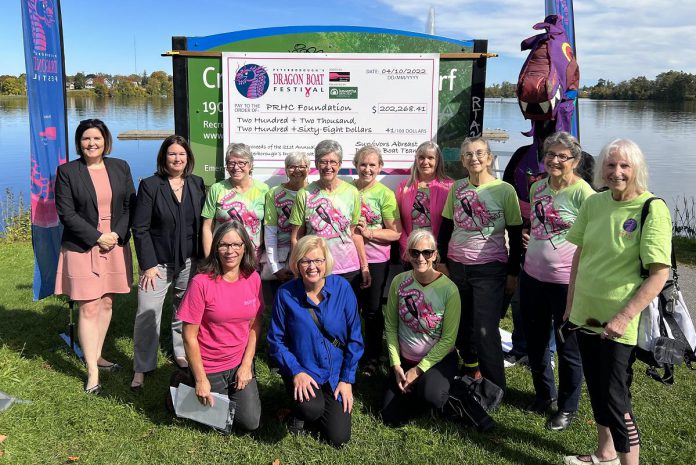 On October 4, 2022, volunteers from the Survivors Abreast Dragon Boat Team and the Peterborough's Dragon Boat Festival organizing committee presented the Peterborough Regional Health Centre Foundation with a cheque for $202,268.41. Pictured among the volunteers are PRHC Foundation president and CEO Lesley Heighway and festival platinum sponsor Kawartha Credit Union's president and CEO Norah McCarthy (back row, left) and festival chair and Survivors Abreast member Michelle Thornton and top fundraiser Rhonda Barnet (kneeling, left). (Photo courtesy of Peterborough's Dragon Boat Festival)