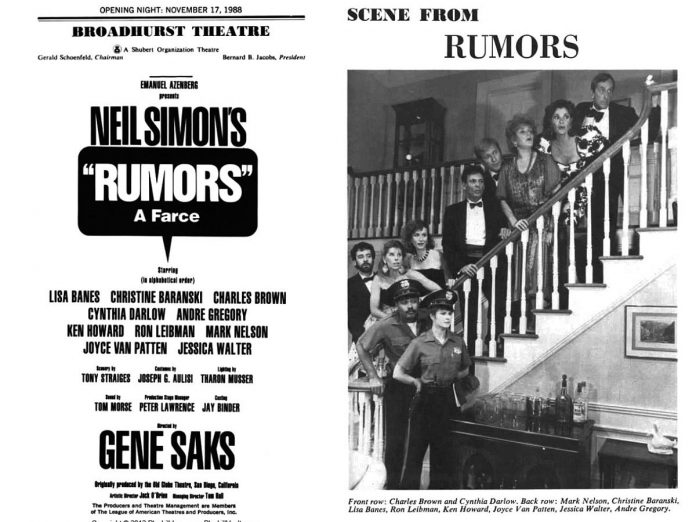 The playbill and a scene from the original Broadway production of Neil Simon's "Rumors" in November 1988. (Images via playbill.com)