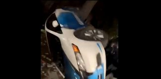 This security vehicle was flipped over during an off-campus party on October 1, 2022, coinciding with the Trent University Homecoming and the Head of the Trent Regatta. (Screenshot of Twitter video)