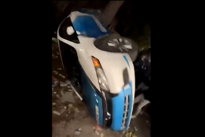 This security vehicle was flipped over during an off-campus party on October 1, 2022, coinciding with the Trent University Homecoming and the Head of the Trent Regatta. (Screenshot of Twitter video)