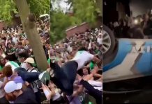 According to Peterborough police, a crowd of around 500 young people gathered in downtown Peterborough on October 1, 2022 coinciding with Trent University's homecoming and Head of the Trent Regatta. (kawarthaNOW screenshots of Twitter videos)