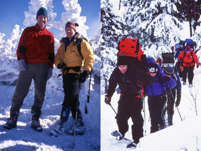 Wild Rock Outfitters founders Scott Murison and Kieran Andrews in the Adirondacks in the early 2000s. Also pictured from the same time period is Jonathan Moreno leading a snowshoeing hike. Moreno, who is part owner of the business and manager of the camping and paddling department, has worked at Wild Rock Outfitters for 28 years. (Photos courtesy of Wild Rock Outfitters)