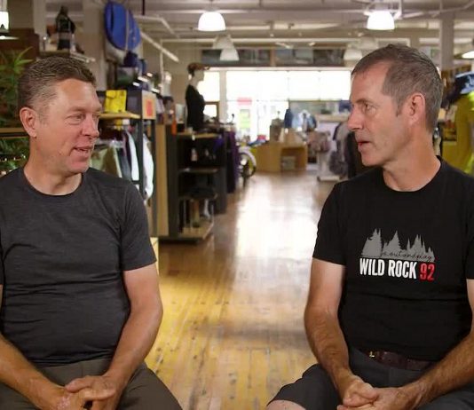 Kieran Andrews and Scott Murison are celebrating 30 years since they founded Wild Rock Outfitters in downtown Peterborough. Looking to the future, the pair are gradually scaling back their ownership stake and involvement in the business, with general manager Tori Silvera and aerobic sports department manager Jeff Faulds becoming majority owners. (Screenshot of 30th anniversary video produced by Birchbark Media)