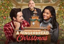 Marc Bendavid, Kyana Teresa, and Duff Goldman (back) star in "A Gingerbread Christmas," written by Peterborough's Carley Smale with Blaine Chiappetta based on a story by Carley and Peterborough's Katelyn James. The movie is now streaming on Crave after premiering on Discovery+ in November. (Key art: Discovery+)