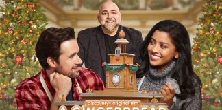 Marc Bendavid, Kyana Teresa, and Duff Goldman (back) star in "A Gingerbread Christmas," written by Peterborough's Carley Smale with Blaine Chiappetta based on a story by Carley and Peterborough's Katelyn James. The movie is now streaming on Crave after premiering on Discovery+ in November. (Key art: Discovery+)