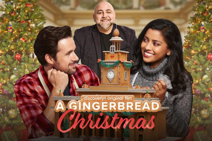 Marc Bendavid, Kyana Teresa, and Duff Goldman (back) star in "A Gingerbread Christmas," written by Peterborough's Carley Smale with Blaine Chiappetta based on a story by Carley and Peterborough's Katelyn James. The movie is now streaming on Crave after premiering on Discovery+ in November. (Key art: Discovery+)