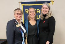 Carlotta James (middle) with Rotary Club of Peterborough Kawartha president Kim Groenendyk (right) and past district governor Lynne Chant at a November 10, 2022 event where James and five others were named Paul Harris Fellows. (Photo courtesy of Rotary Club of Peterborough Kawartha)