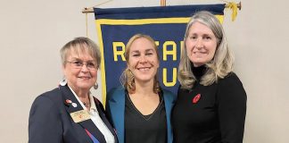Carlotta James (middle) with Rotary Club of Peterborough Kawartha president Kim Groenendyk (right) and past district governor Lynne Chant at a November 10, 2022 event where James and five others were named Paul Harris Fellows. (Photo courtesy of Rotary Club of Peterborough Kawartha)