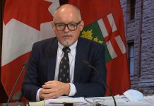 Ontario's chief medical officer of health Dr. Kieran Moore at a media conference at Queen's Park on November 14, 2022 where he strongly recommended all Ontarians wear a mask in indoor public settings, including children between the ages of two and five. (kawarthaNOW screenshot of CPAC video)