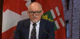 Ontario's chief medical officer of health Dr. Kieran Moore at a media conference at Queen's Park on November 14, 2022 where he strongly recommended all Ontarians wear a mask in indoor public settings, including children between the ages of two and five. (kawarthaNOW screenshot of CPAC video)