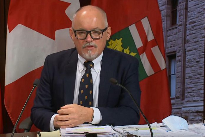 Ontario's chief medical officer of health Dr. Kieran Moore at a media conference at Queen's Park on November 14, 2022 where he strongly recommended all Ontarians wear a mask in indoor public settings, including children between the ages of two and five. (kawarthaNOW screenshot of CPAC video)