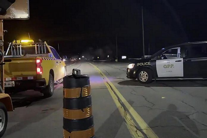 Highway 7 in Peterborough County was closed between Keene Road and Heritage line while police documented a fatal head-on collision that happened on November 22, 2022. (kawarthaNOW screenshot of OPP video)