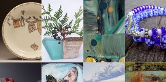 The "8 at the Guild" fine art and craft show, taking place at the Peterborough Theatre Guild during the December 2022 First Friday Peterborough art crawl, features works by artists (left to right, top to bottom) Thomas Aitken and Kate Hyde, Christy Haldane, Bea Quarrie, Kira Robertson, Susan Rankin, Lisa Martini-Dunk, David Smith, and Diana Collins Wilkes. (Supplied photos)