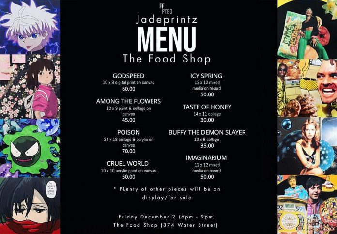 A "menu" of the collage, mixed media, and anime art items by Jade Wallace available at The Food Shop in downtown Peterborough during a December 2022 First Friday Peterborough event. (Graphic: Jade Wallace) 