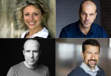 Jennine Profeta, Chris Gibbs (top right), Kerry Griffin (bottom left), and Dave Pearce will perform in Globus Theatre's "Murder at the Match: A World Cup Murder Mystery" along with James Barrett and Ronald O'Messi. Set in Qatar during the World Cup, the dinner murder mystery runs from November 17 to 26 at the Lakeview Arts Barn in Bobcaygeon. (kawarthaNOW collage of supplied photos)