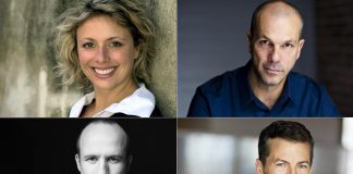 Jennine Profeta, Chris Gibbs (top right), Kerry Griffin (bottom left), and Dave Pearce will perform in Globus Theatre's "Murder at the Match: A World Cup Murder Mystery" along with James Barrett and Ronald O'Messi. Set in Qatar during the World Cup, the dinner murder mystery runs from November 17 to 26 at the Lakeview Arts Barn in Bobcaygeon. (kawarthaNOW collage of supplied photos)