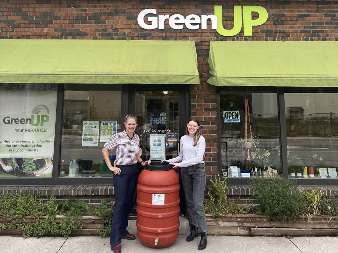 It's not too late to ask friendly GreenUP staff about the benefits of using rain barrels, such as for harvesting water for use in the city-wide planter boxes that GreenUP tends to. This year, GreenUp harvested purple kale, pear tomatoes, and herbs in these gardens. (Photo: GreenUP)