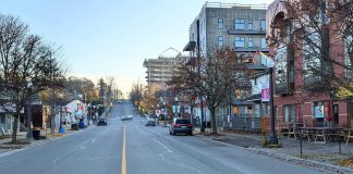 Hunter Street East facing Rogers Street in Peterborough's East City on November 4, 2022, showing Ashburnham Realty's new commercial and residential development beside the Rotary Greenway Trail nearing completion. (Photo: Bruce Head / kawarthaNOW)