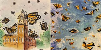 Four of the 16 pieces of monarch butterfly-themed artwork created and donated by Peterborough-area artists that will accompany Monarch Ultra organizers Carlotta James, Rodney Fuentes, and Gunther Schubert on their trip to Zitácuaro, Mexico for the International Monarch Butterfly Festival from November 25 to 27, 2022. (kawarthaNOW collage of photos from Love For The Boro / Instagram)