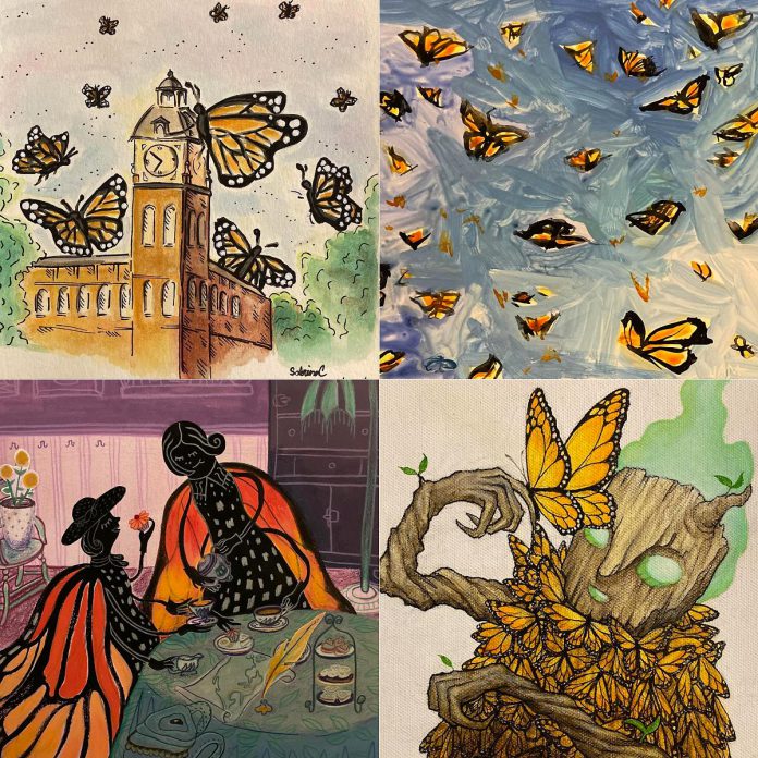 Four of the 16 pieces of monarch butterfly-themed artwork created and donated by Peterborough-area artists that will accompany Monarch Ultra organizers Carlotta James, Rodney Fuentes, and Gunther Schubert on their trip to Zitácuaro, Mexico for the International Monarch Butterfly Festival from November 25 to 27, 2022. (kawarthaNOW collage of photos from Love For The Boro / Instagram)