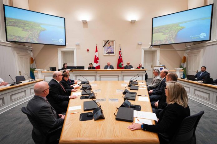 The new council for the City of Kawartha Lakes  was sworn in and held its inaugural meeting on November 15, 2022 at City Hall in Lindsay. The new council consists of Mayor Doug Elmslie and councillors Emmett Yeo (Ward 1), Pat Warren (Ward 2), Mike Perry (Ward 3), Dan Joyce (Ward 4), Eric Smeaton (Ward 5), Ron Ashmore (Ward 6), Charles McDonald (Ward 7), and Tracy Richardson (Ward 8), who was acclaimed as deputy major.  (Photo courtesy of City of Kawartha Lakes)