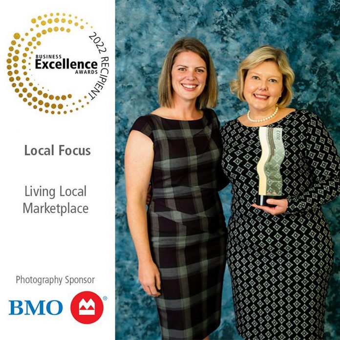 Living Local Marketplace owner Alicia Doris (right) and her Local Focus award from the Peterborough + The Kawarthas Chamber of Commerce 2022 Business Excellence Awards, pictured with Alison Scholl representing the award sponsor Trent University. (Photo: Peterborough + The Kawarthas Chamber of Commerce)